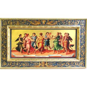 Ecole Italienne Du XIXème Importante Huile Sur Panneau « la Danse D’apollon Et Ses Muses »