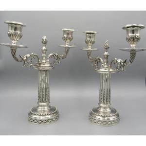 Paire De Bougeoirs Louis XVI En Bronze Argenté époque XVIIIème Siècle 