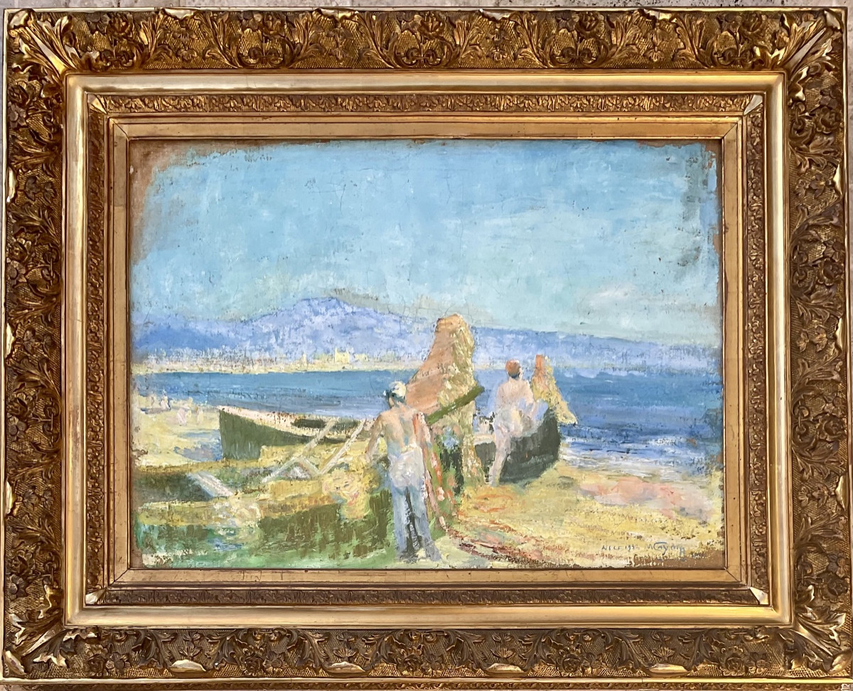 Grand Tableau HST Le retour des pêcheurs Nice 1932 marine 