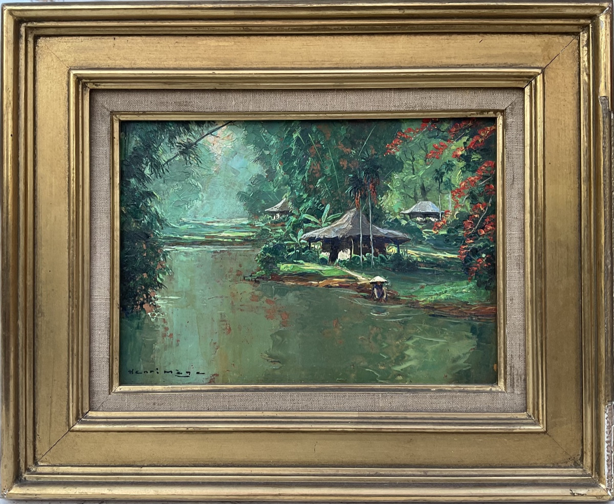 HENRI MÈGE TABLEAU MATINÉE RIVIÈRE HUÉ VIETNAM PÊCHEUR ORIGINAL 1950 PAINTING