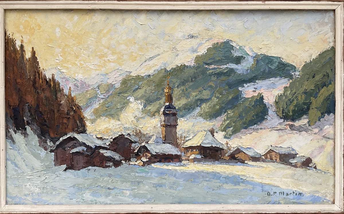 A.P MARTIN TABLEAU 1940 MONTAGNE PAYSAGE DE NEIGE CLOCHER SAVOIE MONT BLANC-photo-1
