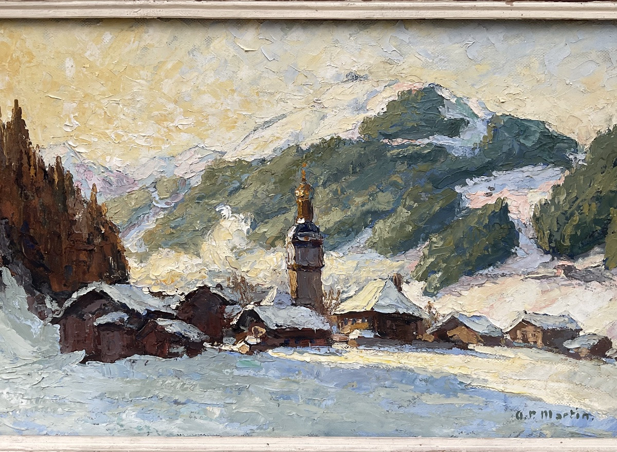 A.P MARTIN TABLEAU 1940 MONTAGNE PAYSAGE DE NEIGE CLOCHER SAVOIE MONT BLANC-photo-2