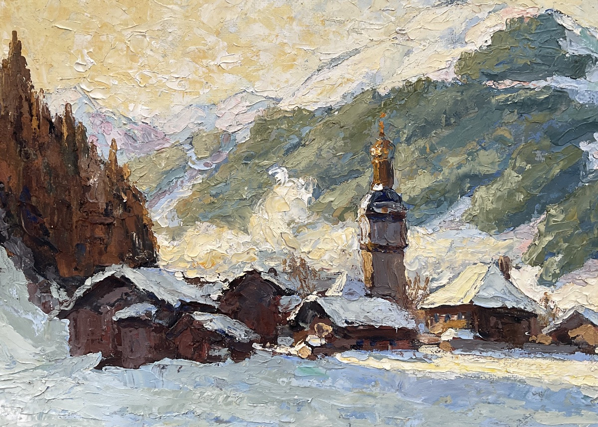 A.P MARTIN TABLEAU 1940 MONTAGNE PAYSAGE DE NEIGE CLOCHER SAVOIE MONT BLANC-photo-3