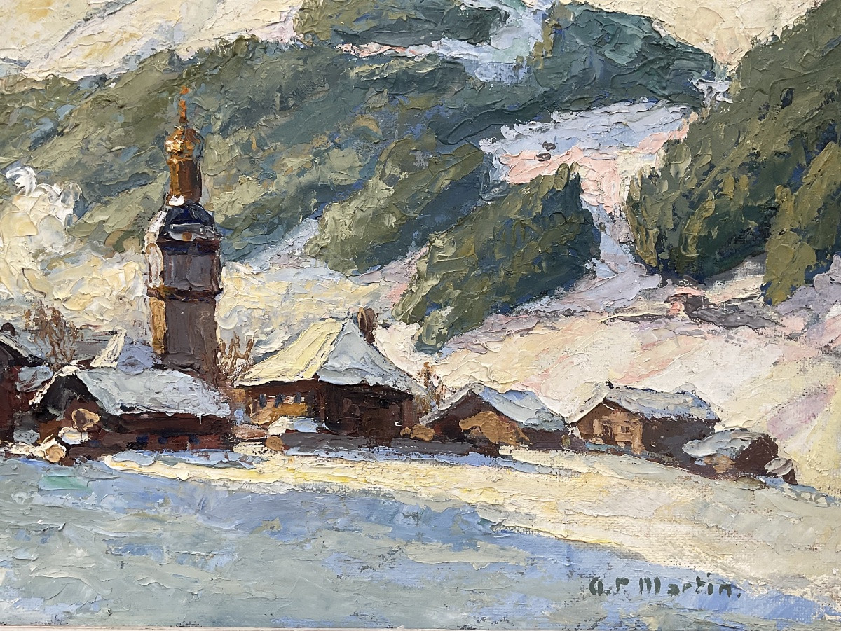 A.P MARTIN TABLEAU 1940 MONTAGNE PAYSAGE DE NEIGE CLOCHER SAVOIE MONT BLANC-photo-4