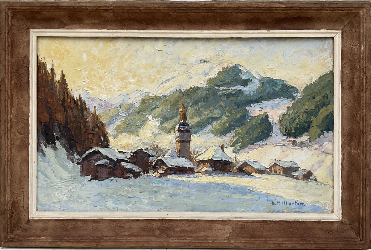 A.P MARTIN TABLEAU 1940 MONTAGNE PAYSAGE DE NEIGE CLOCHER SAVOIE MONT BLANC