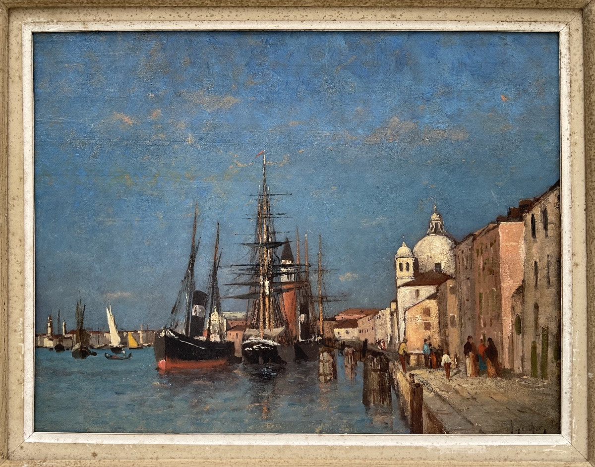 Charles Albert Porcher Painting 19th Century Boat Venice Canal Salute -photo-2
