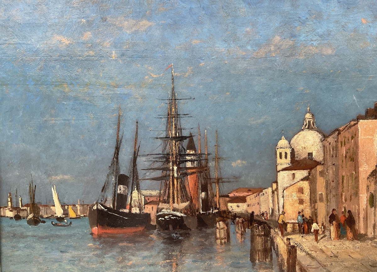 Charles Albert Porcher Painting 19th Century Boat Venice Canal Salute -photo-3
