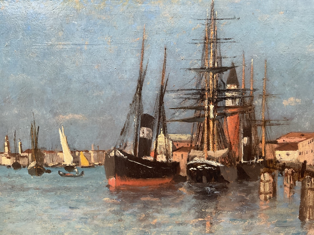 Charles Albert Porcher Painting 19th Century Boat Venice Canal Salute -photo-4