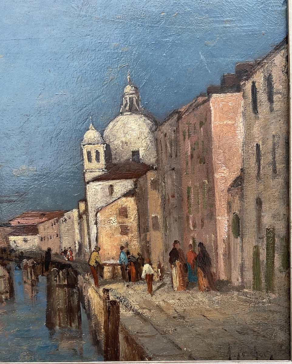 Charles Albert Porcher Painting 19th Century Boat Venice Canal Salute -photo-2