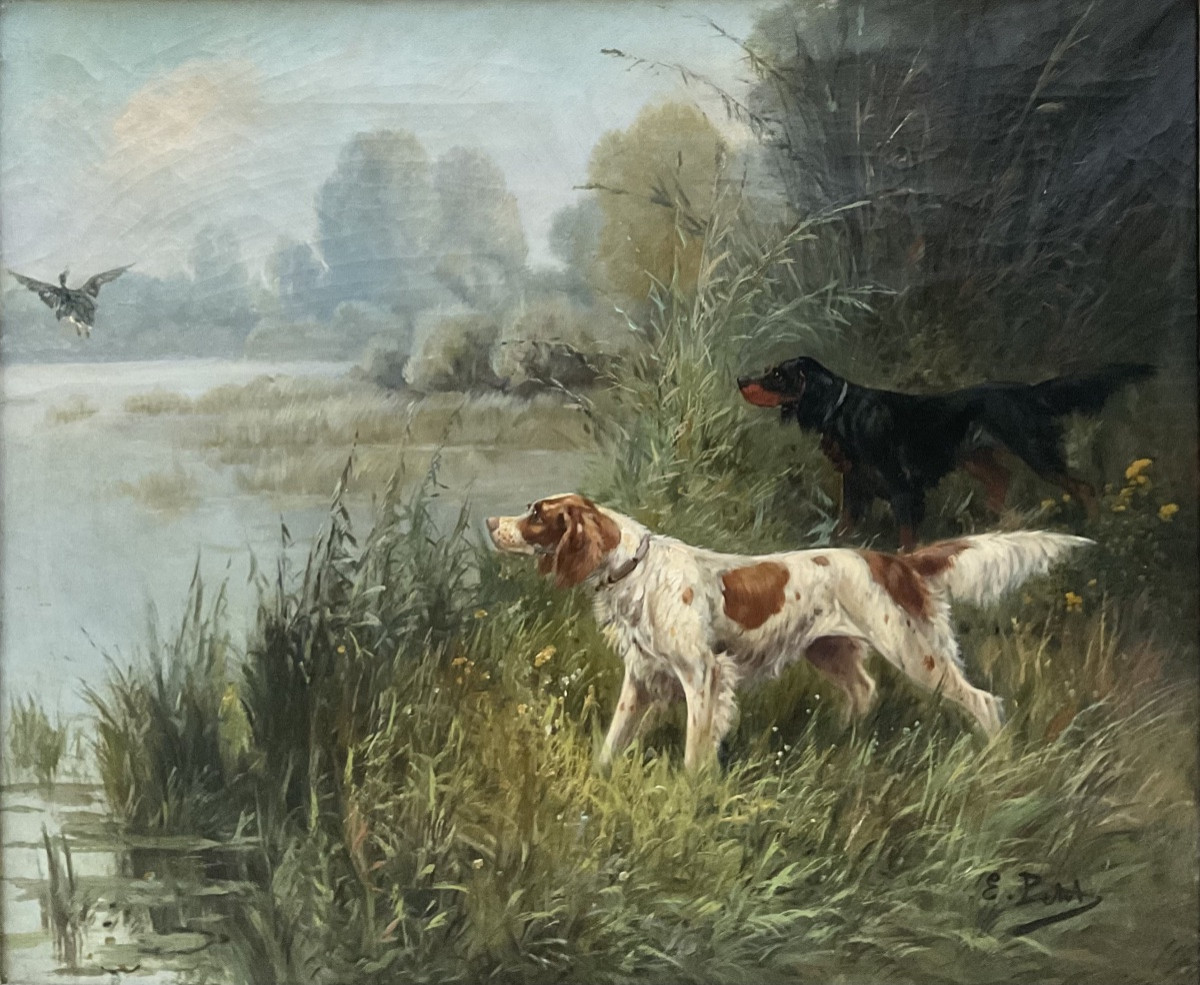 Eugène Petit Tableau Scène de chasse Cynégétique Peinture XIXè Dim 15F-photo-2