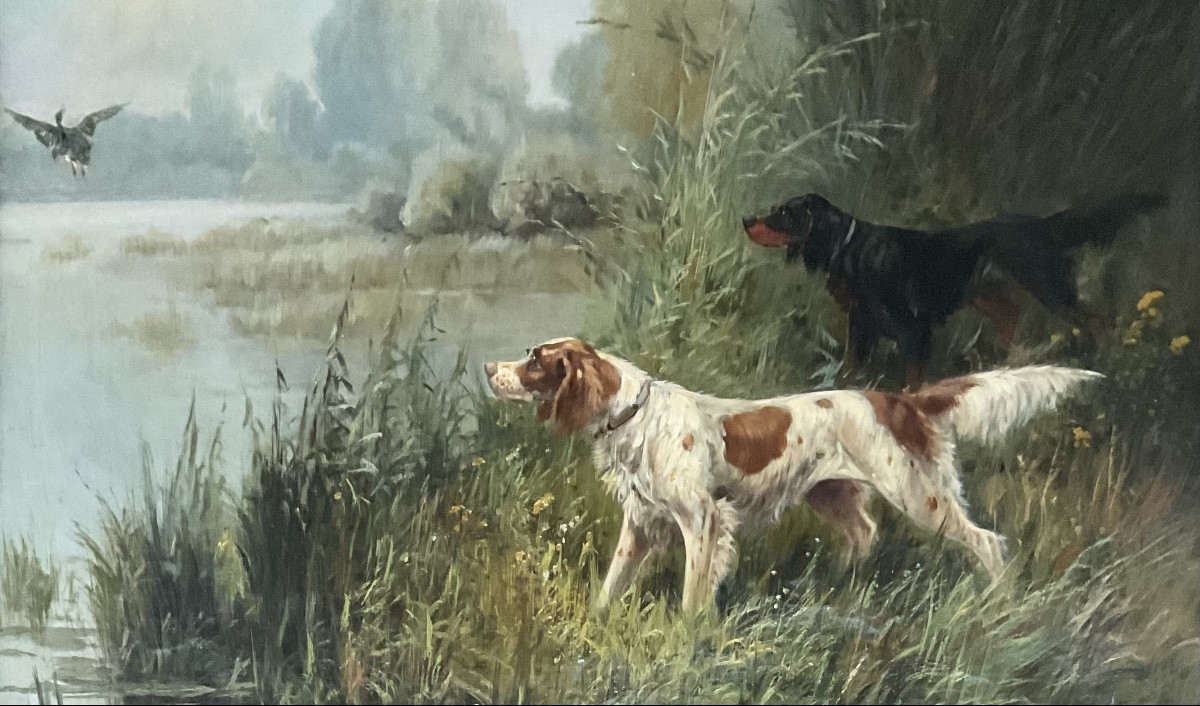 Eugène Petit Tableau Scène de chasse Cynégétique Peinture XIXè Dim 15F-photo-4