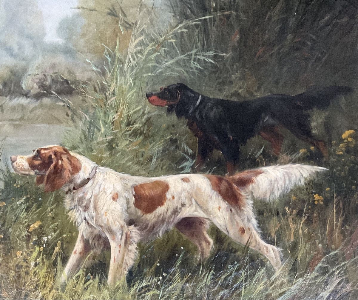 Eugène Petit Tableau Scène de chasse Cynégétique Peinture XIXè Dim 15F-photo-1
