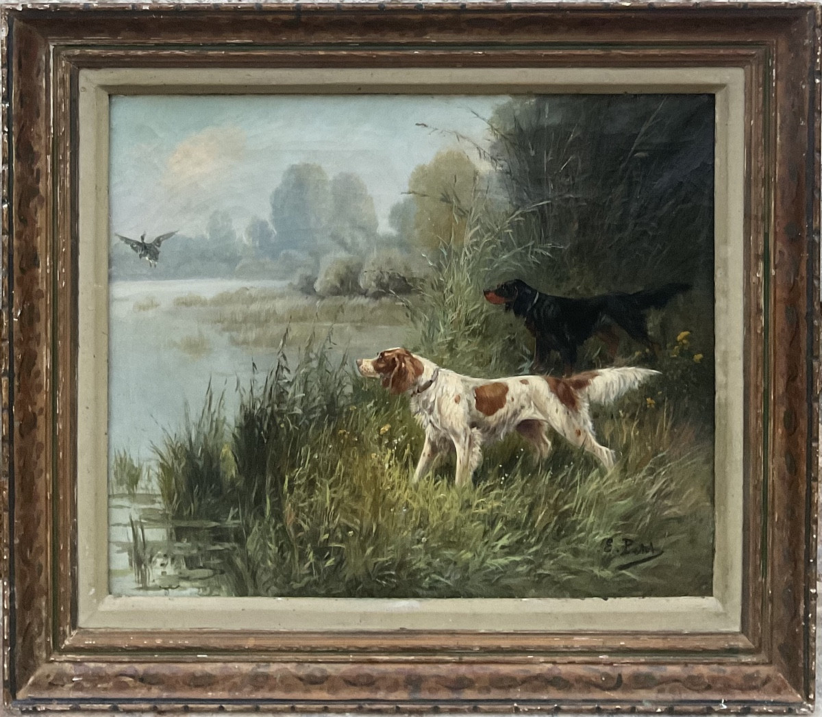 Eugène Petit Tableau Scène de chasse Cynégétique Peinture XIXè Dim 15F