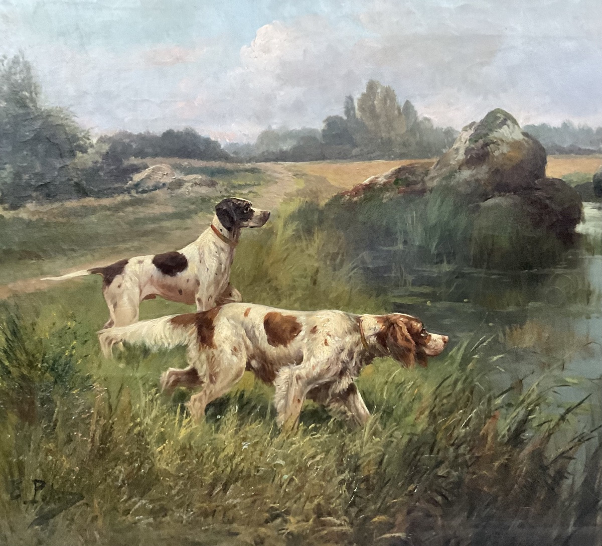 Eugène Petit tableau XIXè Scène de châsse  Cynégétique Peinture 15F -photo-3