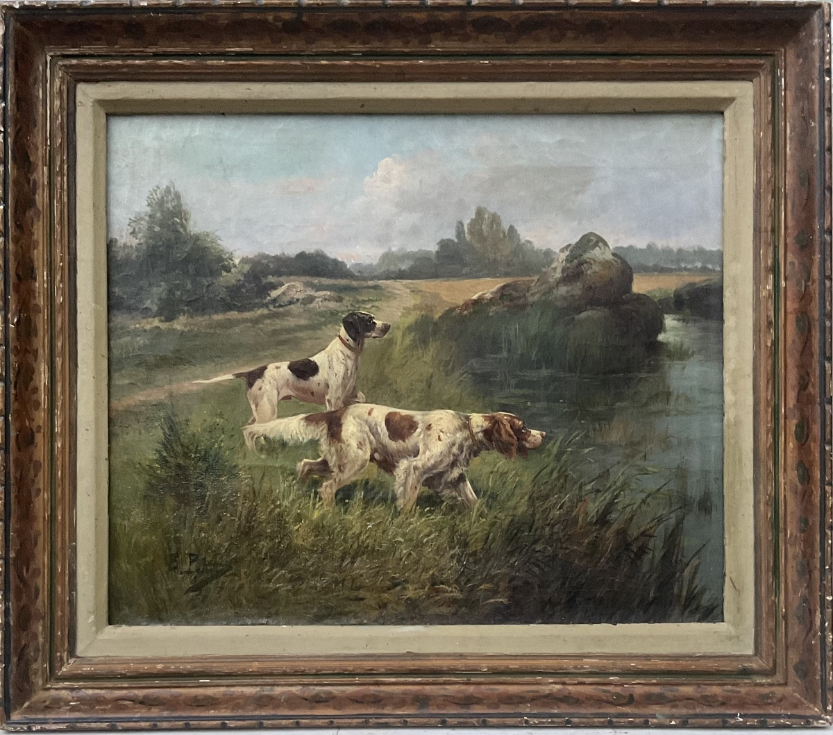 Eugène Petit tableau XIXè Scène de châsse  Cynégétique Peinture 15F 