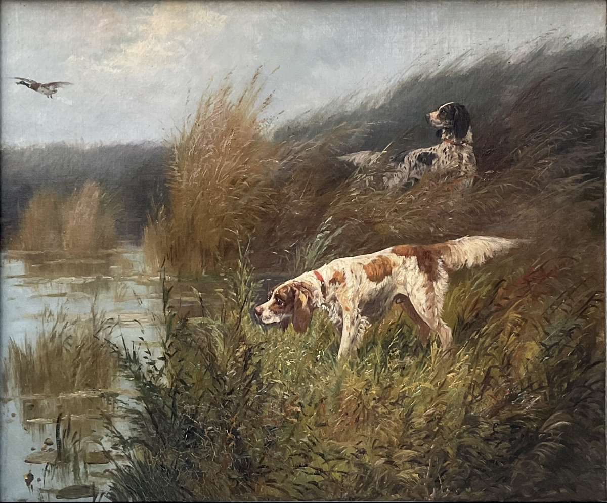 Eugène Petit Tableau XIXè Scène de chasse Cynégétique peinture Dim 10F-photo-2
