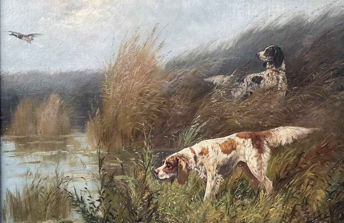 Eugène Petit Tableau XIXè Scène de chasse Cynégétique peinture Dim 10F-photo-3