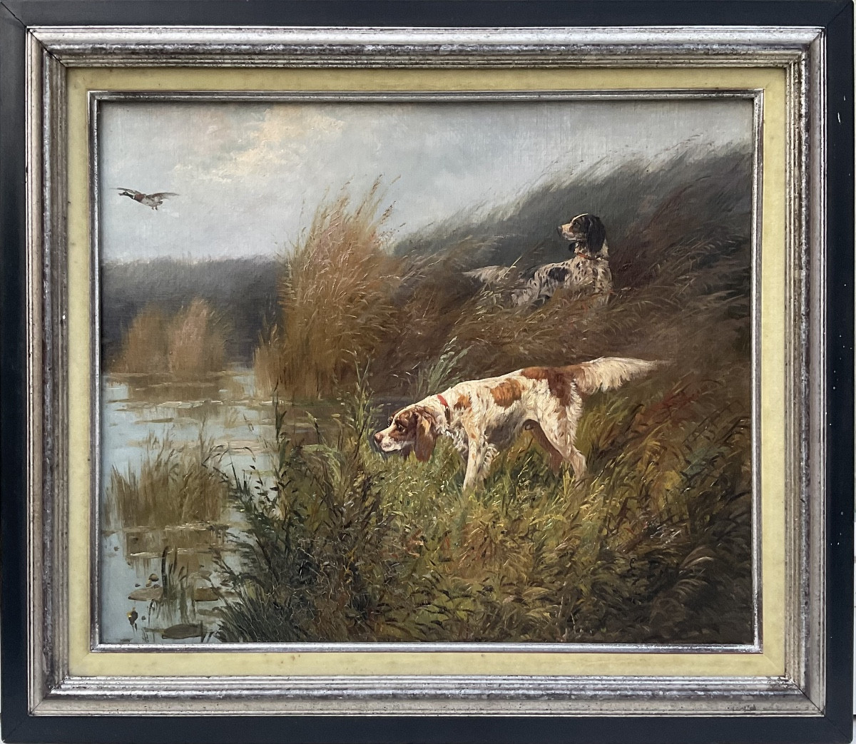 Eugène Petit Tableau XIXè Scène de chasse Cynégétique peinture Dim 10F