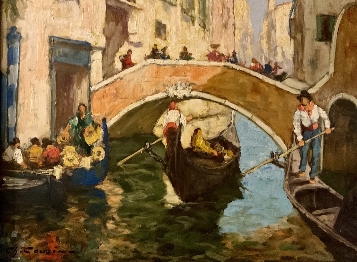 Charles Cousin Large Original Painting 1930/40 Venice Painting Paradise Bridge 20f-photo-4