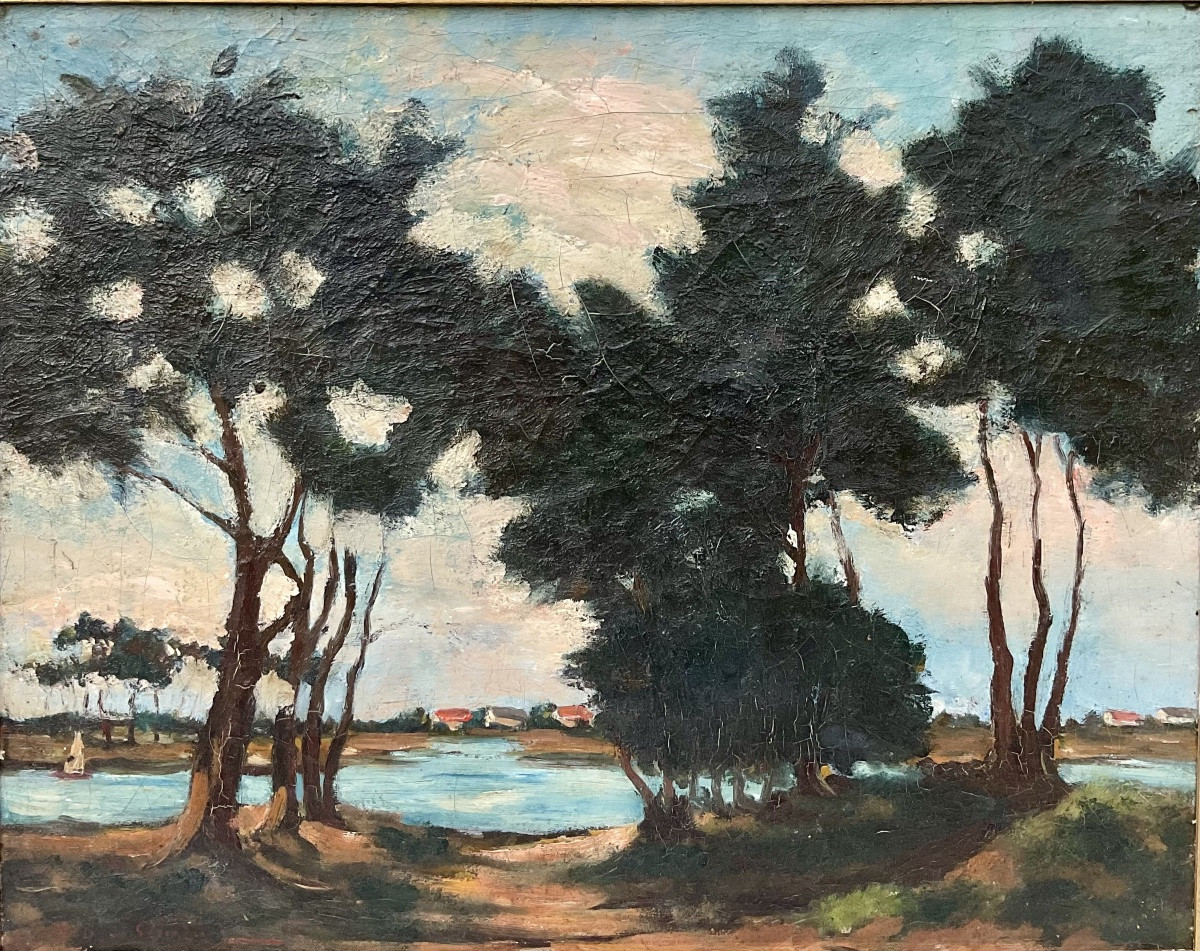 ANDRÉ DUNOYEZ DE SEGONZAC TABLEAU HST 1920 PAYSAGE BORD DE MER -photo-1