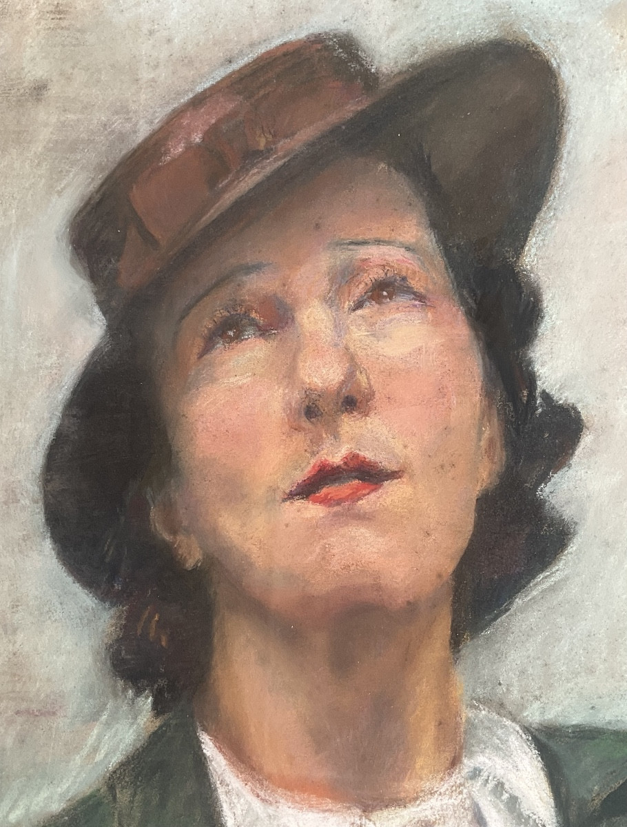 Rare Pastel portrait femme au chapeau Années 1920 Art Deco -photo-2