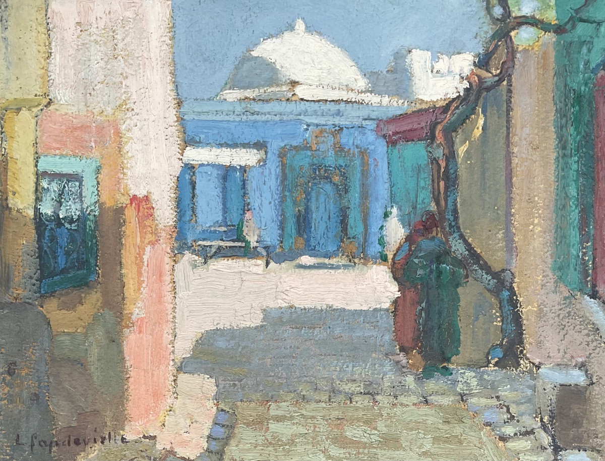 LUCIENNE CAPDEVIELLE TABLEAU 1920 PEINTURE ORIENTALISTE SCÈNE ANIMÉE ALGER-photo-1