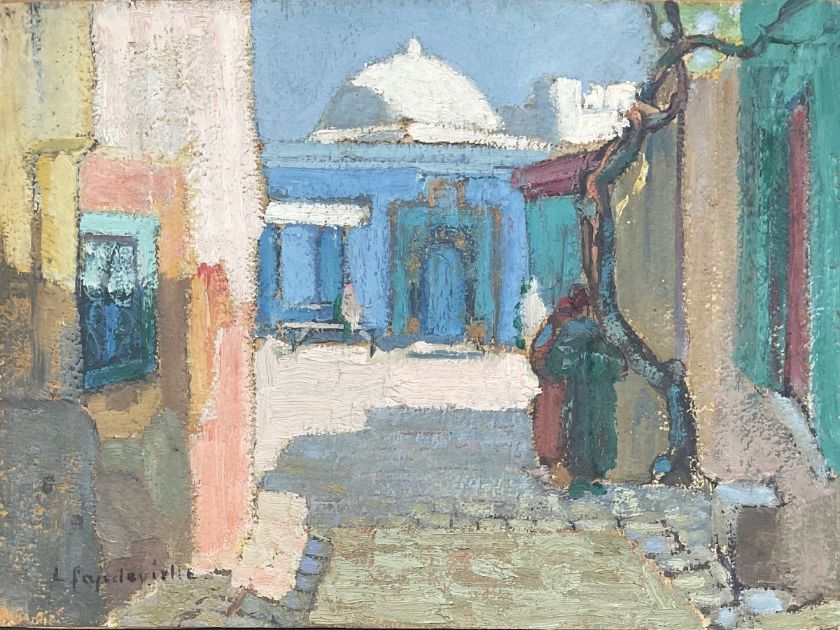 LUCIENNE CAPDEVIELLE TABLEAU 1920 PEINTURE ORIENTALISTE SCÈNE ANIMÉE ALGER