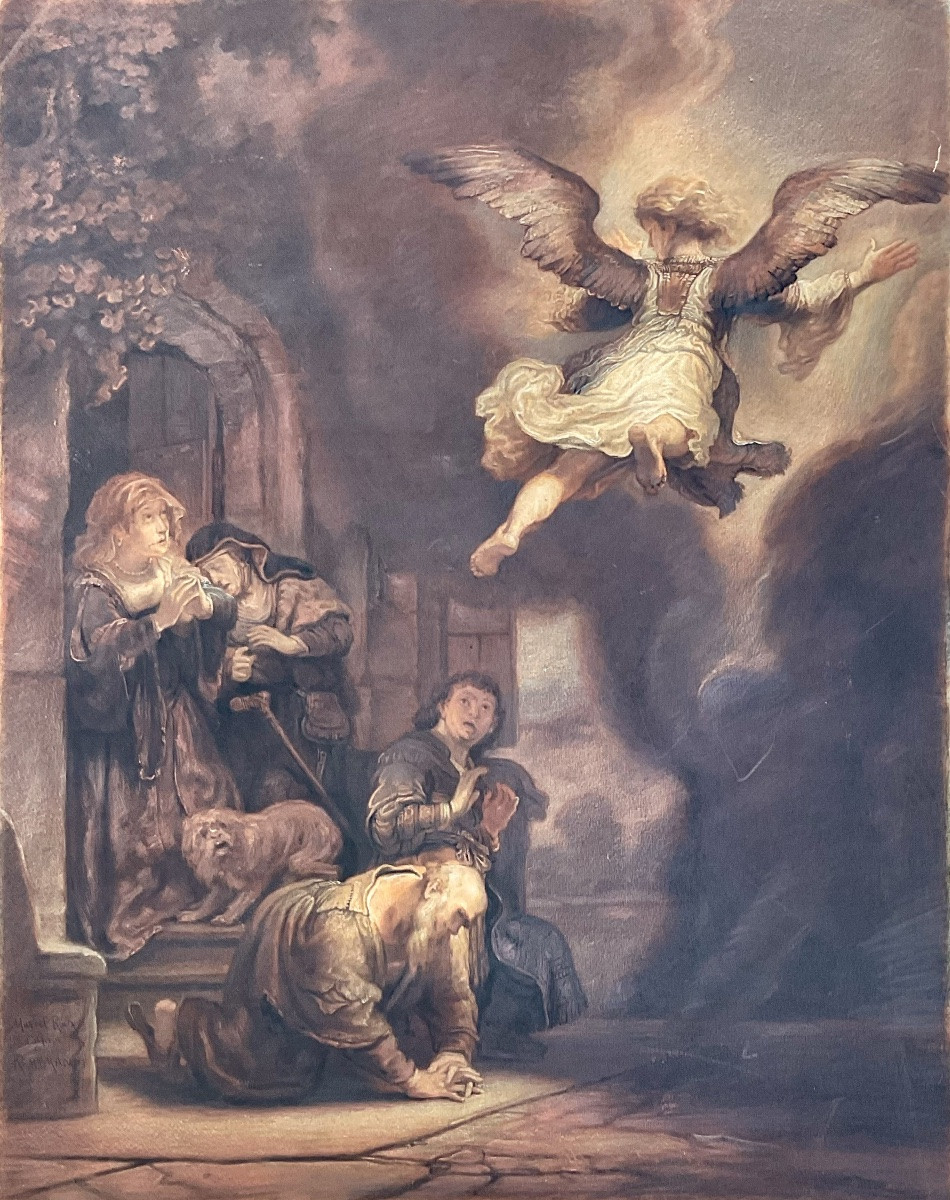 Marcel Roux Rare Watercolor And Charcoal 19th Century Archangel Raphael After Rembrandt Museum-photo-2
