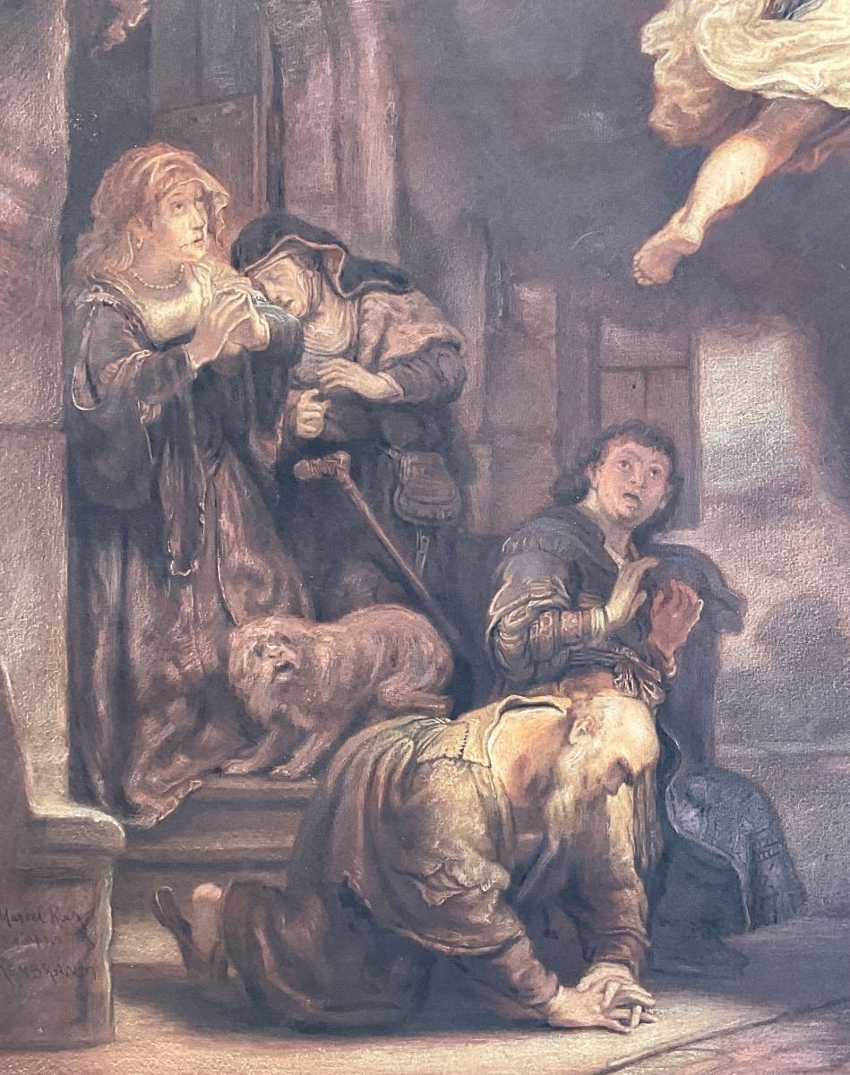Marcel Roux Rare Watercolor And Charcoal 19th Century Archangel Raphael After Rembrandt Museum-photo-4