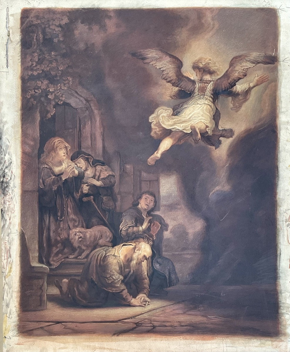 Marcel Roux Rare Watercolor And Charcoal 19th Century Archangel Raphael After Rembrandt Museum-photo-6