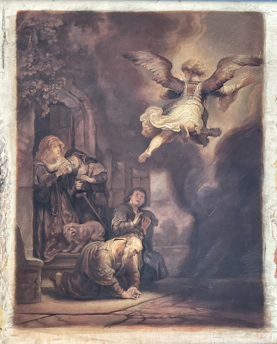 Marcel Roux Rare Watercolor And Charcoal 19th Century Archangel Raphael After Rembrandt Museum