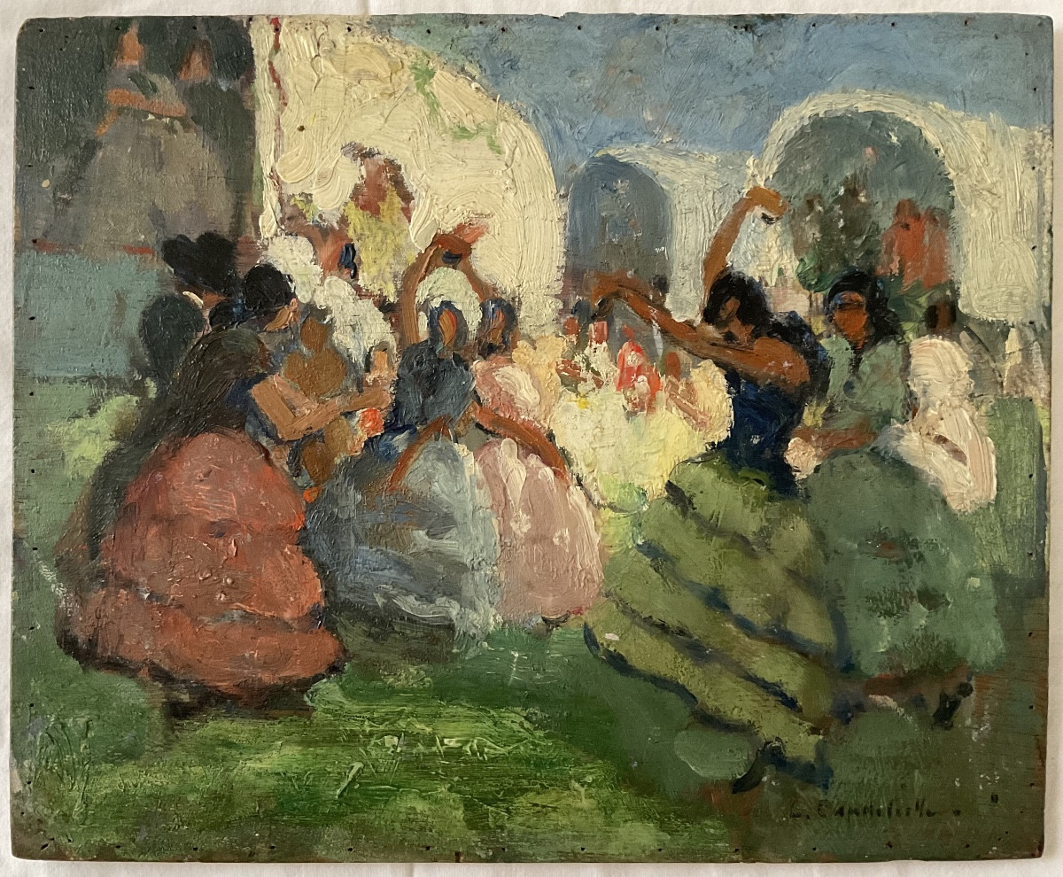 LUCIENNE CAPDEVIELLE TABLEAU 1920 PEINTURE DANSES ROMANIA GENS DU VOYAGE