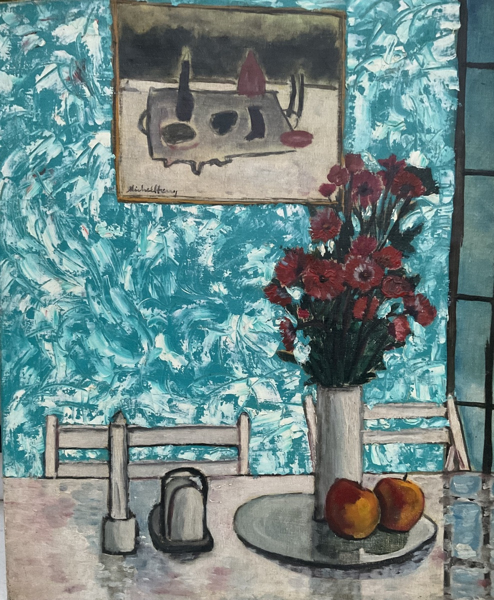 Michel Henry Painting 60/70 Interior Scene Bouquet Of Flowers Still Life -photo-1