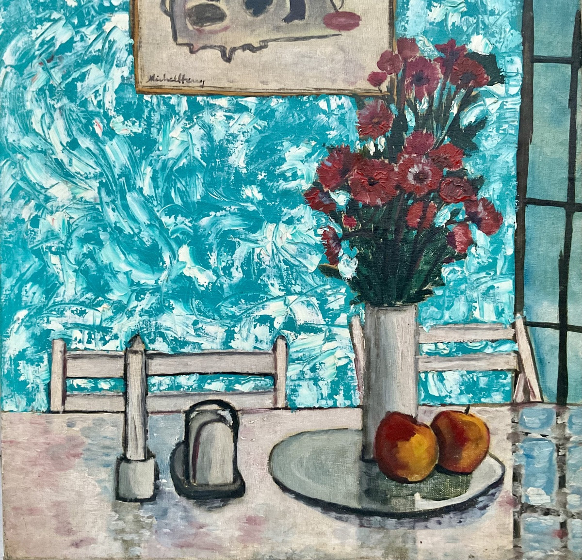 Michel Henry Painting 60/70 Interior Scene Bouquet Of Flowers Still Life -photo-3