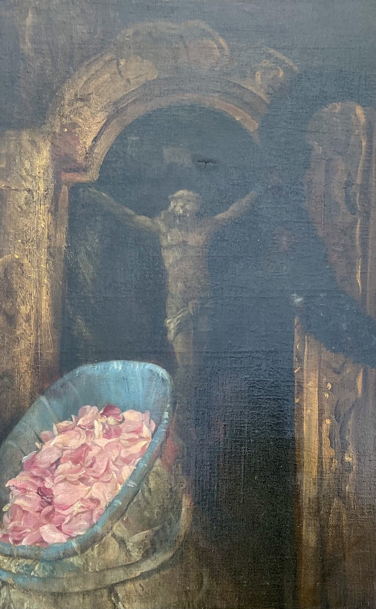 PHILIPPE ROUSSEAU 1850 TABLEAU ORIGINAL PEINTURE HST NATURE MORTE CHRIST FLEURS-photo-3