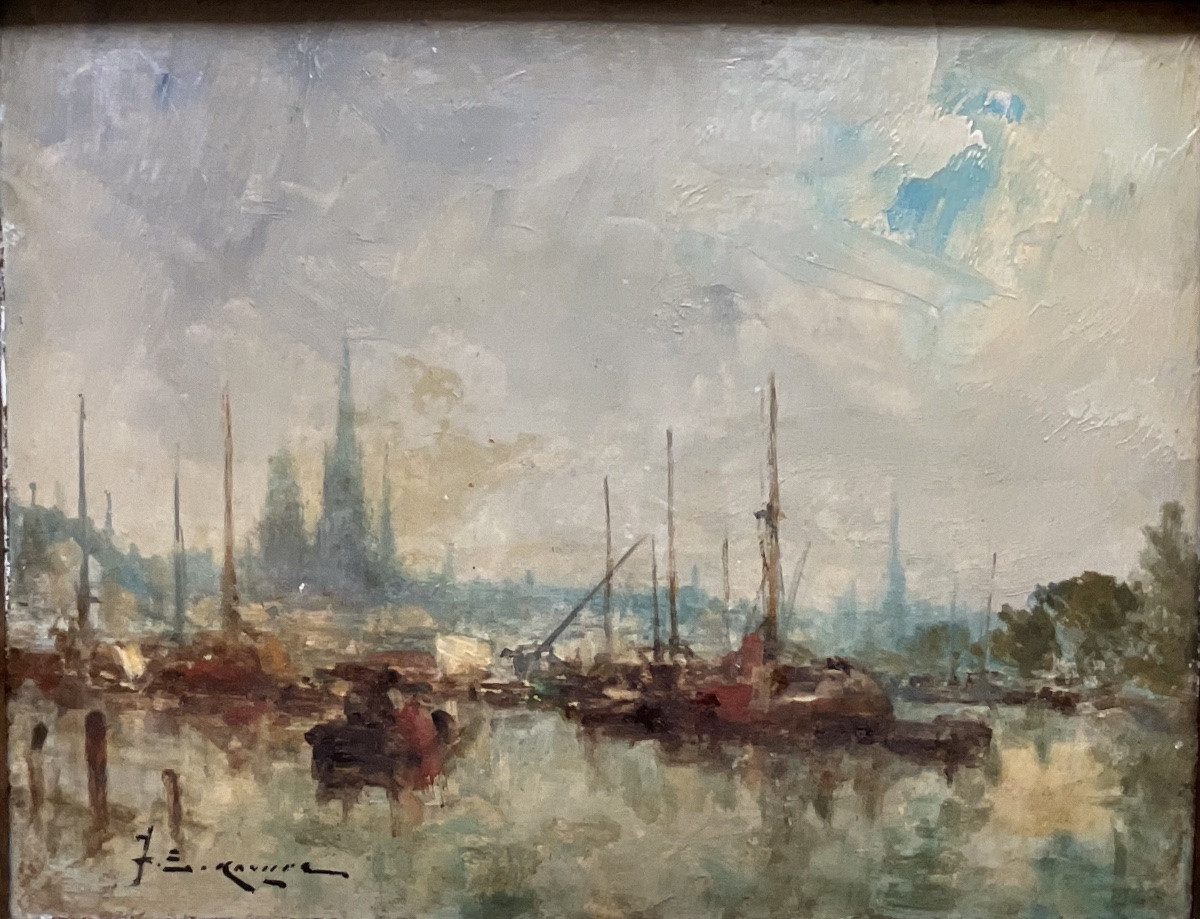 Jean Étienne Karnec Tableau  XIXè Bateaux port de Rouen -photo-2