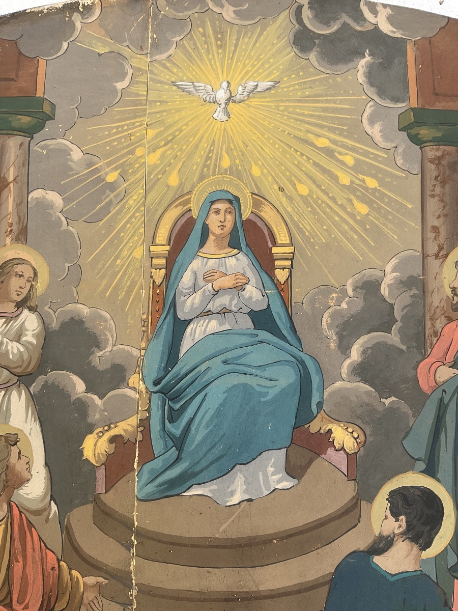 SCÈNE BIBLIQUE RARE PEINTURE GOUACHE XIXè LA PENTECÔTE VIERGE MARIE APÔTRES BLASON ARMOIRIES -photo-4