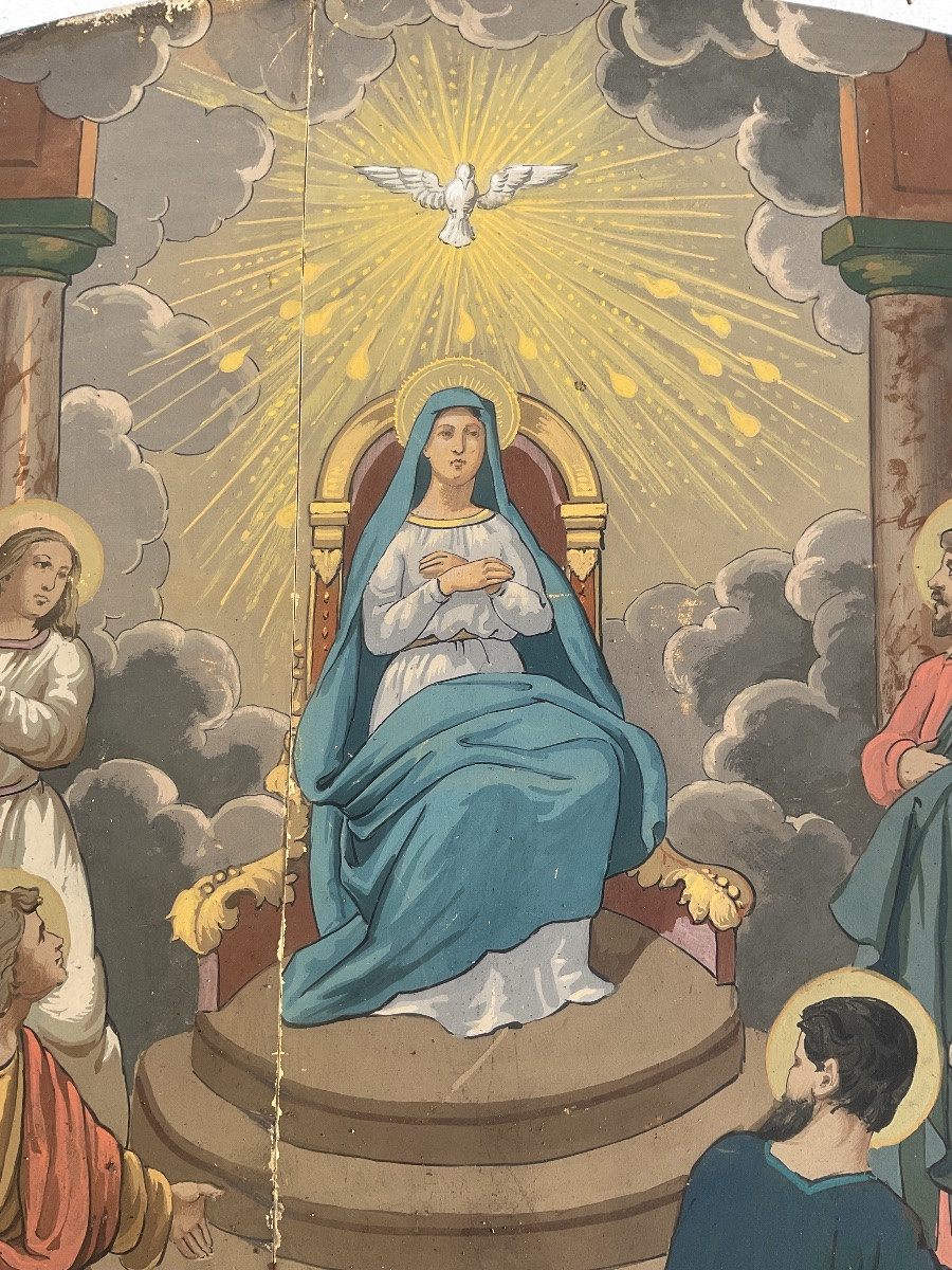 SCÈNE BIBLIQUE RARE PEINTURE GOUACHE XIXè LA PENTECÔTE VIERGE MARIE APÔTRES BLASON ARMOIRIES -photo-1