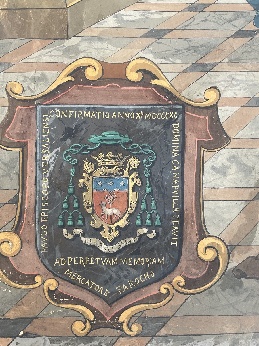 SCÈNE BIBLIQUE RARE PEINTURE GOUACHE XIXè LA PENTECÔTE VIERGE MARIE APÔTRES BLASON ARMOIRIES -photo-2