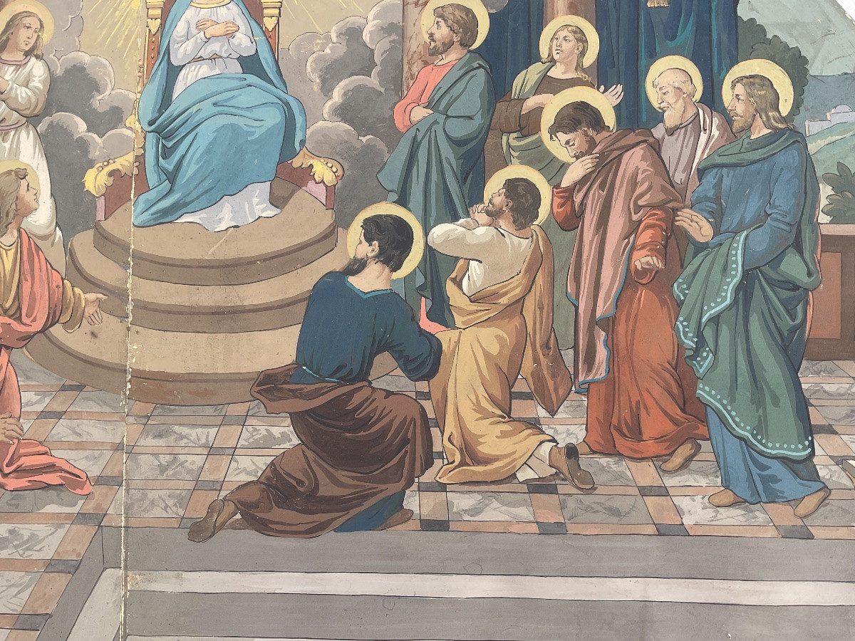 SCÈNE BIBLIQUE RARE PEINTURE GOUACHE XIXè LA PENTECÔTE VIERGE MARIE APÔTRES BLASON ARMOIRIES -photo-4