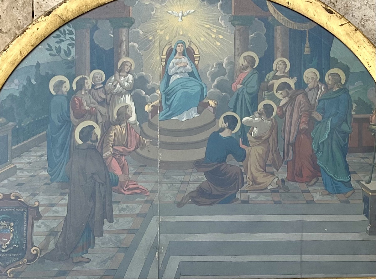 SCÈNE BIBLIQUE RARE PEINTURE GOUACHE XIXè LA PENTECÔTE VIERGE MARIE APÔTRES BLASON ARMOIRIES -photo-5