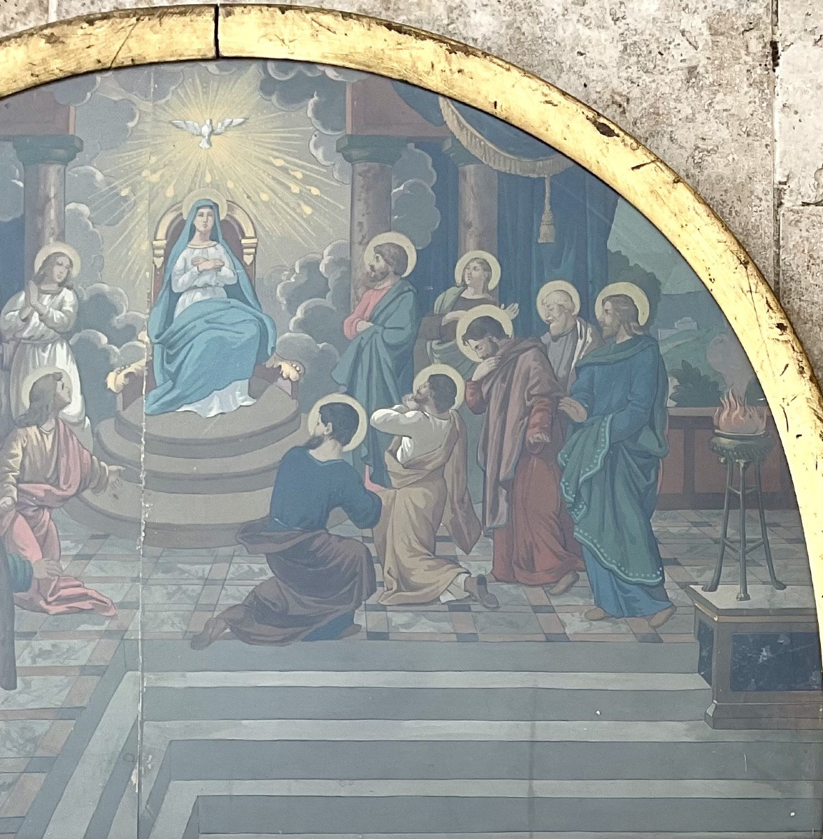 SCÈNE BIBLIQUE RARE PEINTURE GOUACHE XIXè LA PENTECÔTE VIERGE MARIE APÔTRES BLASON ARMOIRIES -photo-6