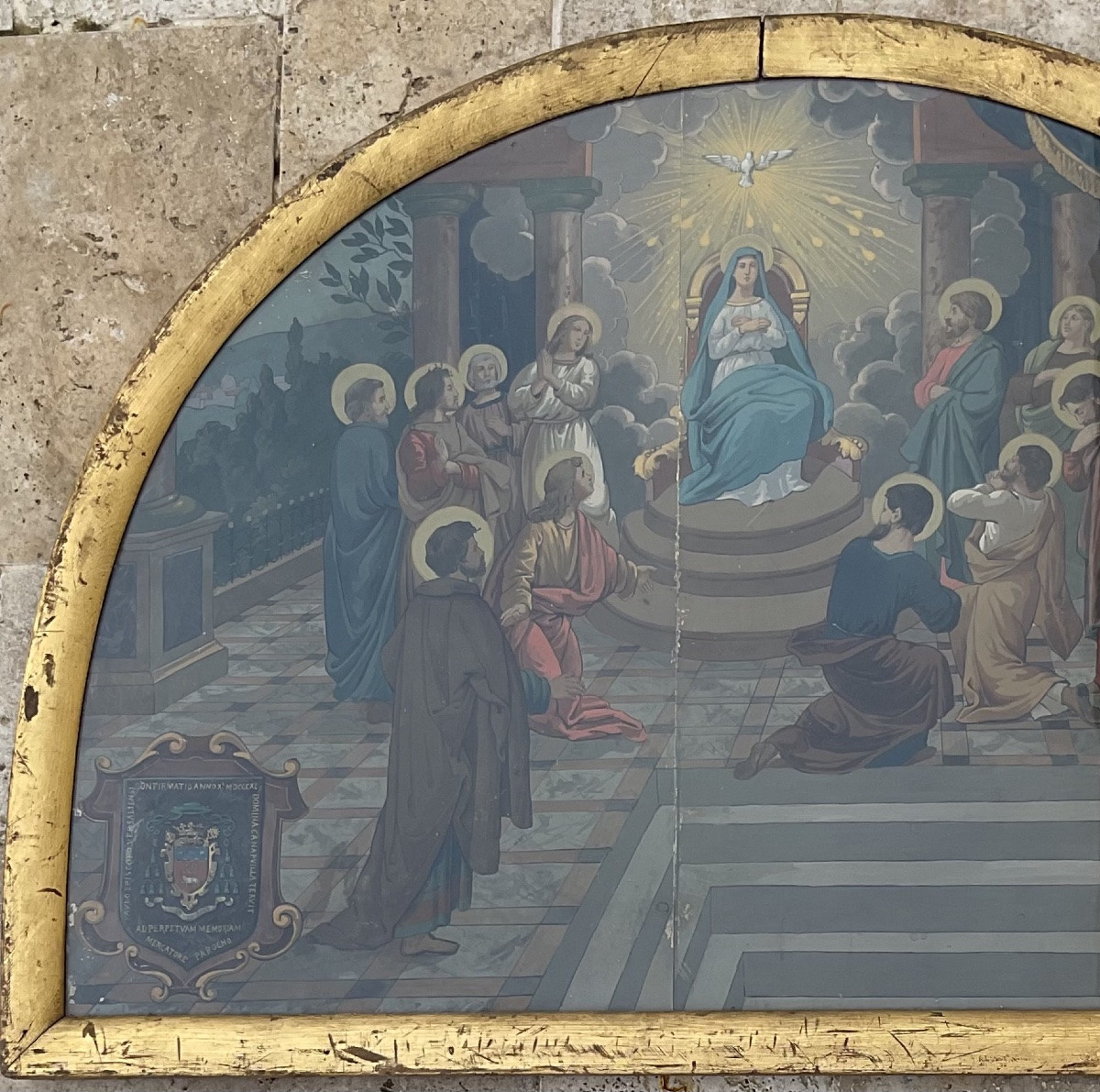 SCÈNE BIBLIQUE RARE PEINTURE GOUACHE XIXè LA PENTECÔTE VIERGE MARIE APÔTRES BLASON ARMOIRIES -photo-7