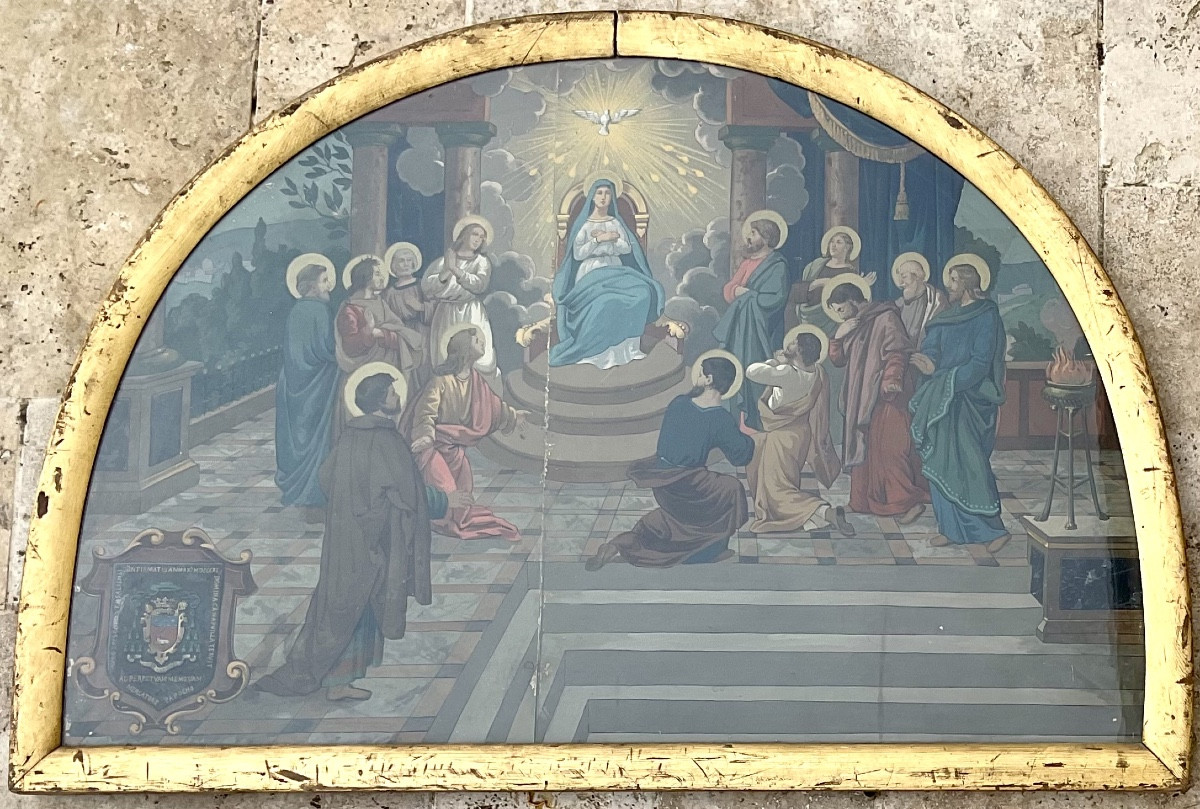 SCÈNE BIBLIQUE RARE PEINTURE GOUACHE XIXè LA PENTECÔTE VIERGE MARIE APÔTRES BLASON ARMOIRIES 
