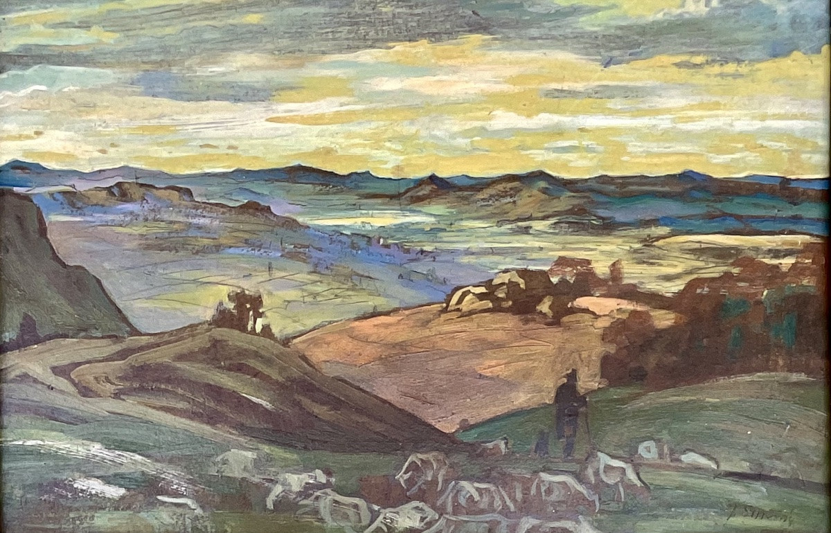 Josef Vaclav Smesny - Barnet Painting Hsc Landscape Riverbanks And Sheep 1950 Czech-photo-1