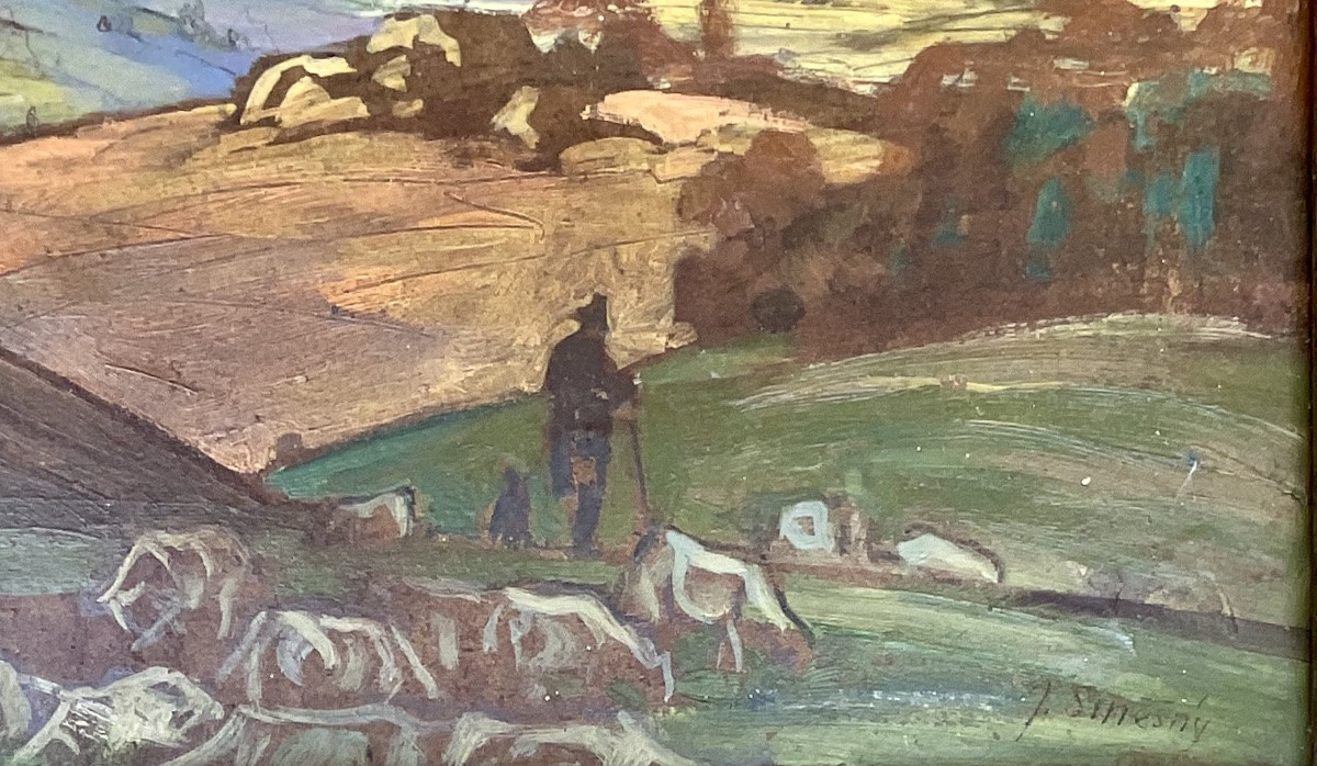 Josef Vaclav Smesny - Barnet Painting Hsc Landscape Riverbanks And Sheep 1950 Czech-photo-3