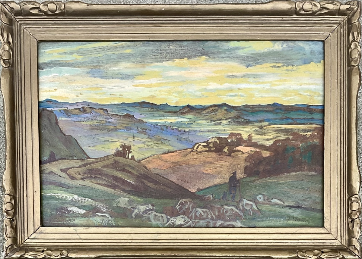 Josef Vaclav Smesny - Barnet Painting Hsc Landscape Riverbanks And Sheep 1950 Czech