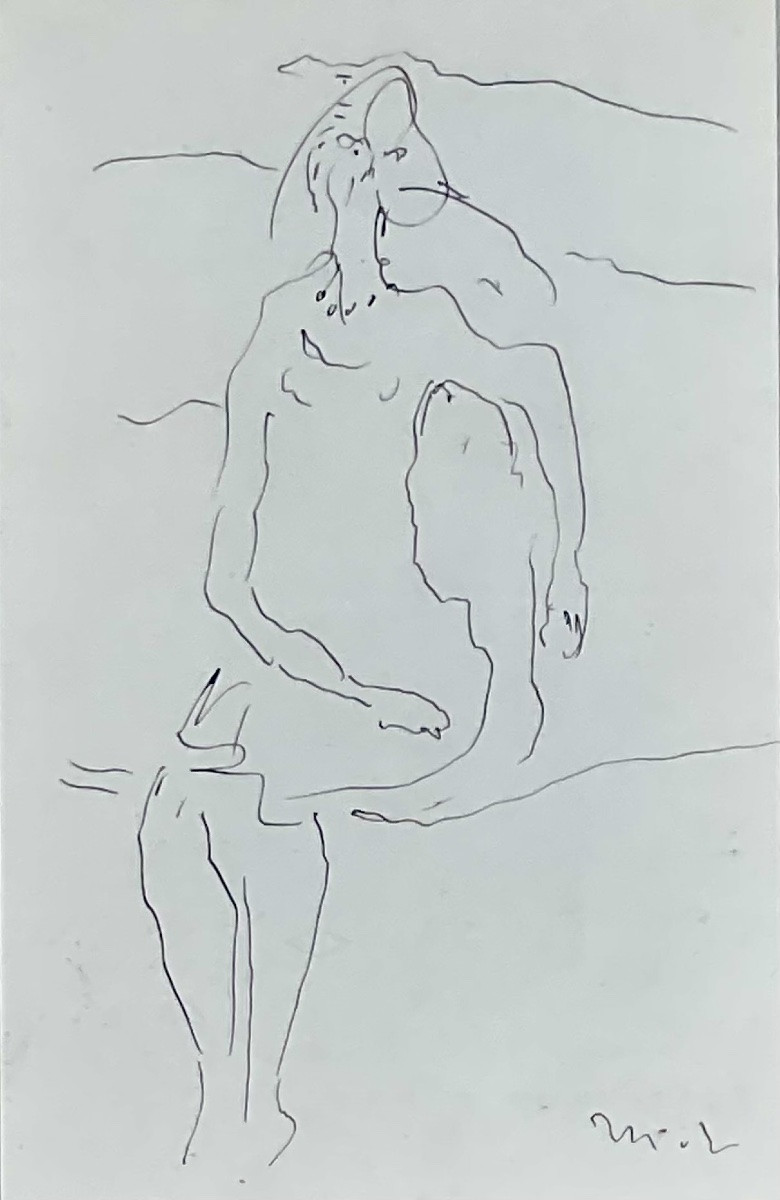 Mikhaïl Larionov Original Ink Drawing Sitting Figure Mask Dane Collection-photo-2