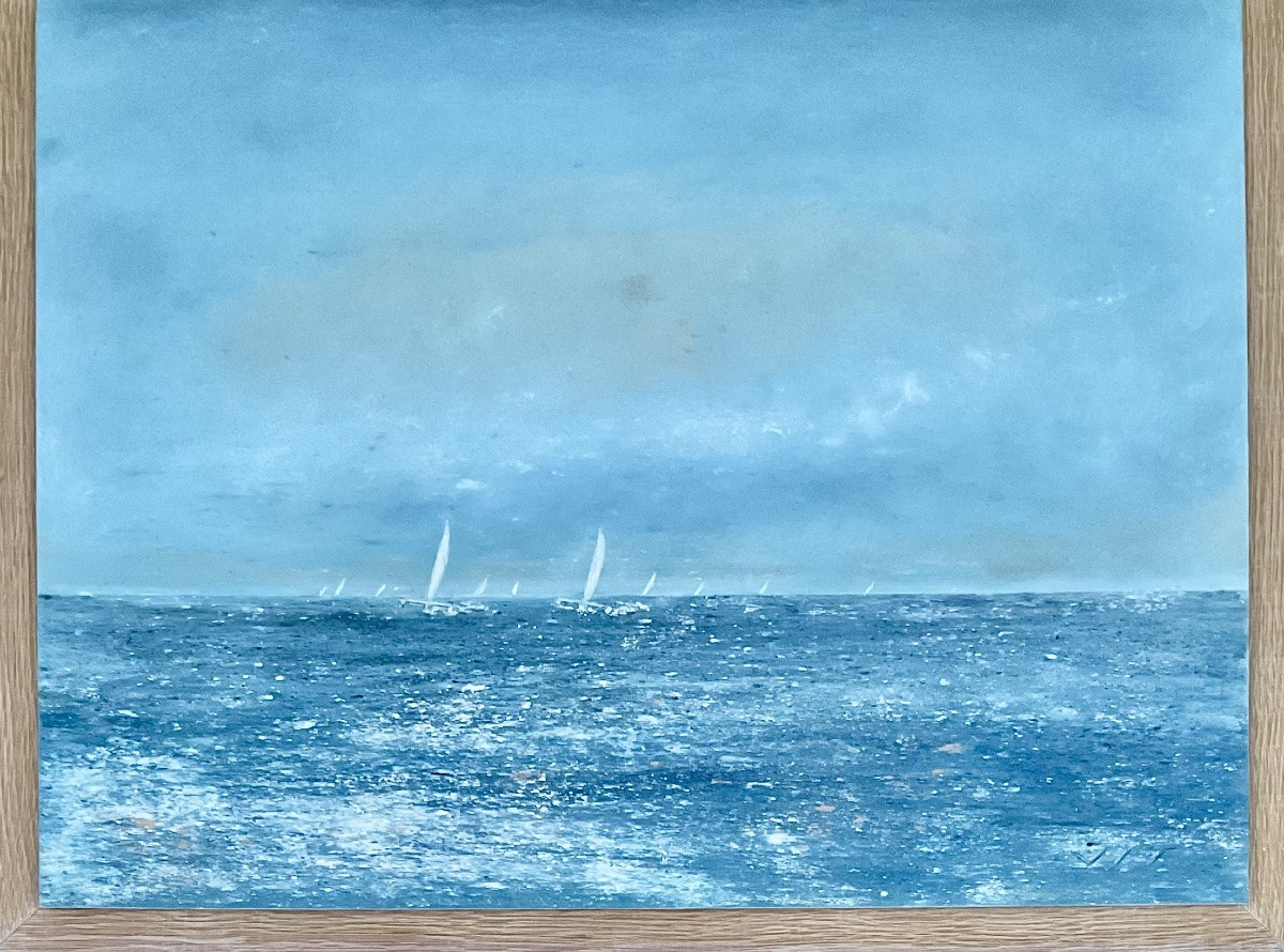 ANTOINE VIT TABLEAU MARINE BATEAUX EN MER CATAMARAN PASTEL 1995-photo-1