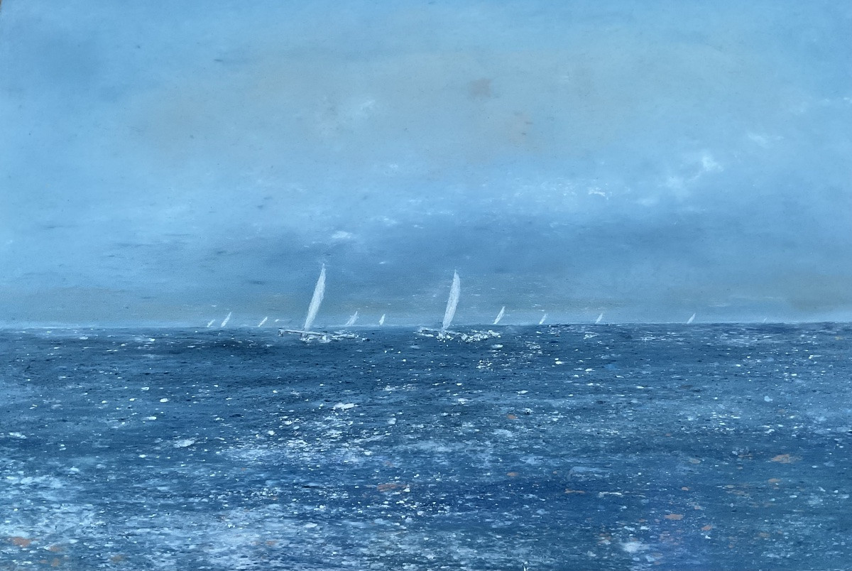 ANTOINE VIT TABLEAU MARINE BATEAUX EN MER CATAMARAN PASTEL 1995-photo-2